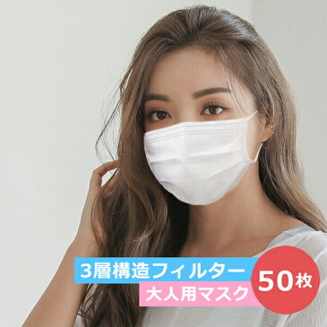 2個で送料無料 マスク 50枚セット フェイスマスク 男女兼用マスク　箱なし　不織布　普通サイズ　防護　花粉　3層構造　レギュラーサイズ　マスク