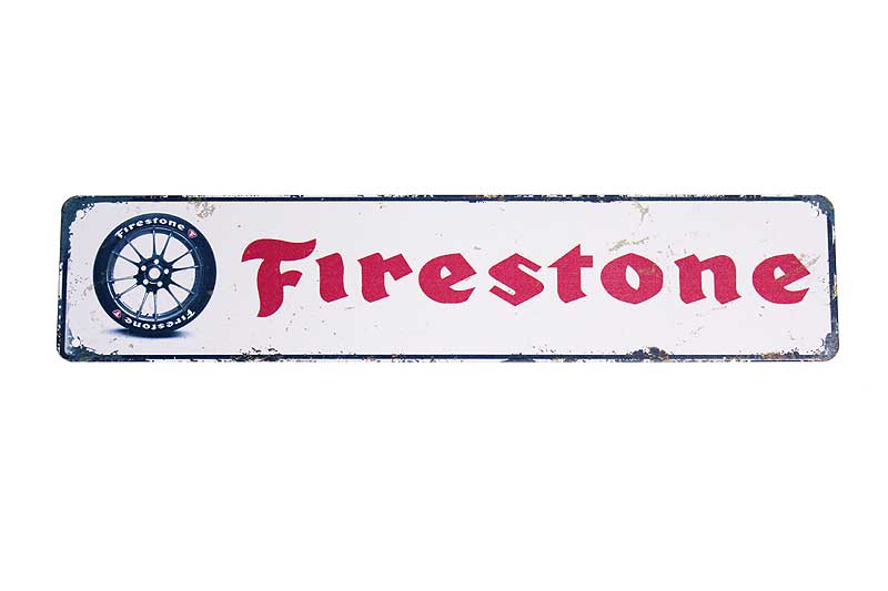 Firestone ファイアストン タイヤ柄 レトロ調 横長型 約45センチ アメリカンブリキ看板 ストリートサイン ブリキ看板 アメリカン雑貨 アメリカ雑貨 タイヤメーカー ファイヤーストーン サインプレート メタルプレート ガレージ 店舗 インテリア