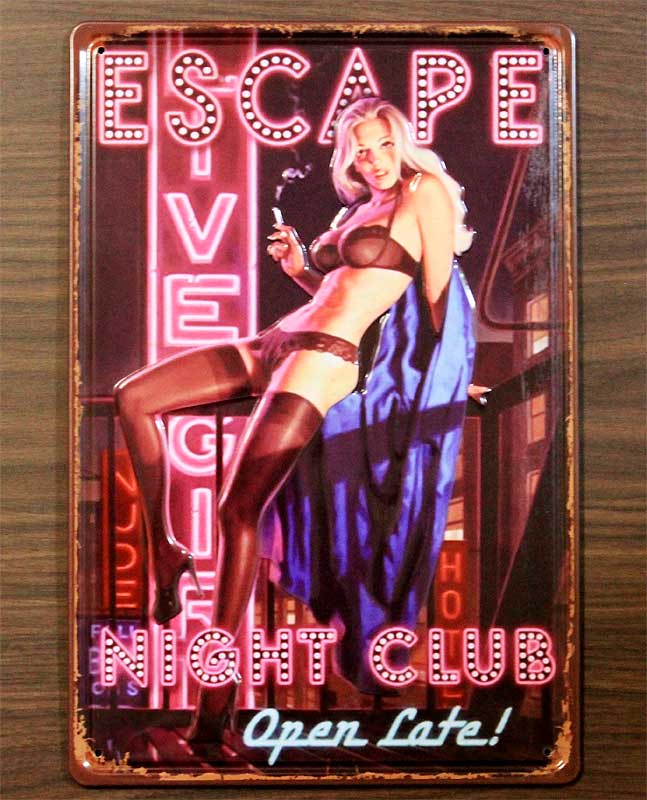 セクシーガール ESCAPE NIGHT CLUB ミニサイズ エンボス加工 レトロ調 メタルプレート メタルサイン ブリキ看板 アメリカ ブリキ看板 アメリカン雑貨 アメリカ雑貨 ガレージ ポスター おしゃれ 店舗 カフェ インテリア 看板