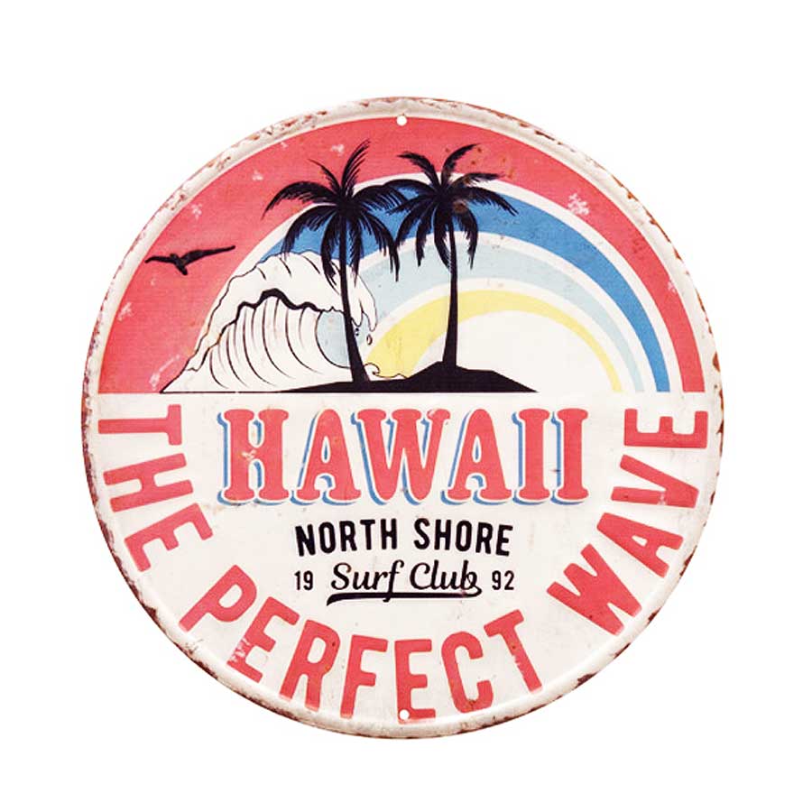 ハワイ HAWAII THE PERFECT WAVE ラウンド 円形 エンボス加工 レトロ調 金属製壁飾り メタルプレート アメリカン雑貨 アメリカ雑貨 サインプレート メタルプレート ブリキ 看板 おしゃれ 店舗 カフェ バー サーフィン インテリア ガレージ ポスター その1