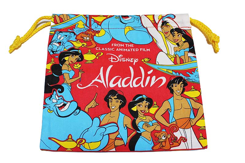 アラジン ミニ巾着袋 両面プリント アラジン ジャスミン ジーニー アブー オールスター柄 約20×19センチ aladdin ディズニー プリンセス アメリカン アメリカ ディズニーグッズ キャラクター ポップ 巾着 雑貨 ディズニー グッズのサムネイル