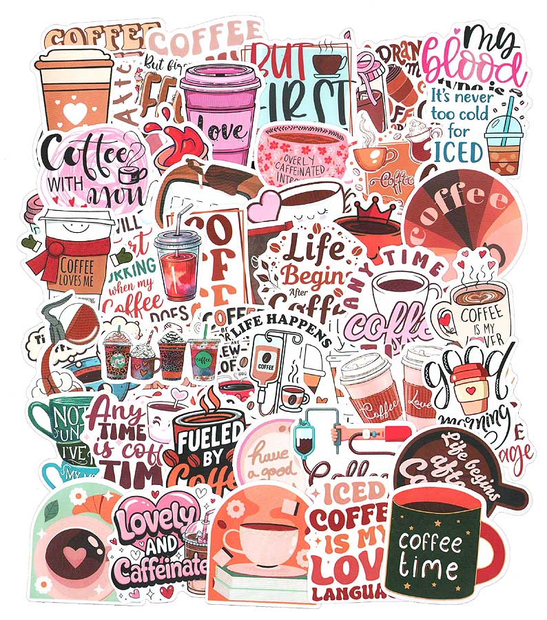 Rakuten - 【メール便送料無料】コーヒー ステッカー 50枚セット コート紙製 COFFEE シール アメリカ アメリカン カフェ 飲み物 雑貨 1000円ぽっきり お得セット