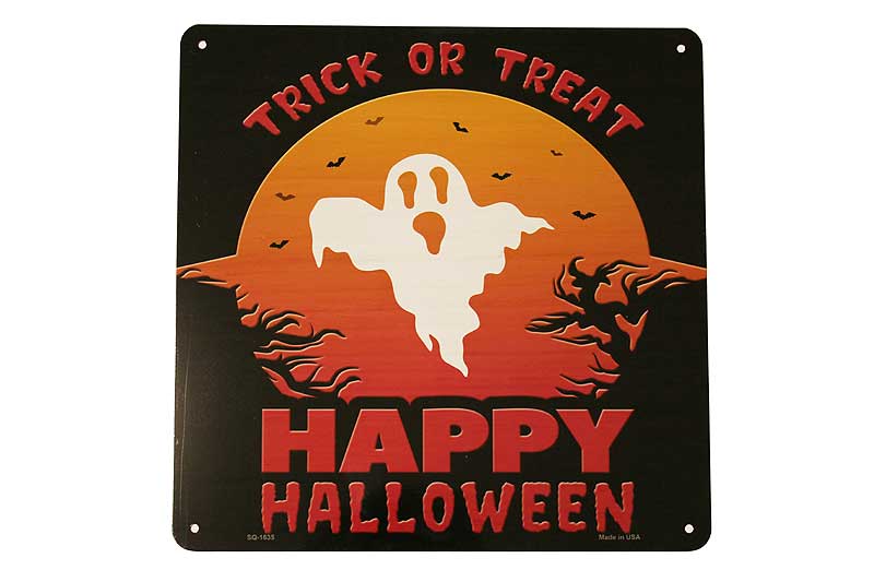 【送料無料】ハロウィン 飾り HAPPY HALLOWEEN オバケ柄 正方形 アメリカンブリキ看板 アメリカン雑貨 アメリカ 雑貨 サインプレート サインボード メタルプレート インテリア おしゃれ カフェ バー 店舗 ブリキ 飾り ガーデニング 看板
