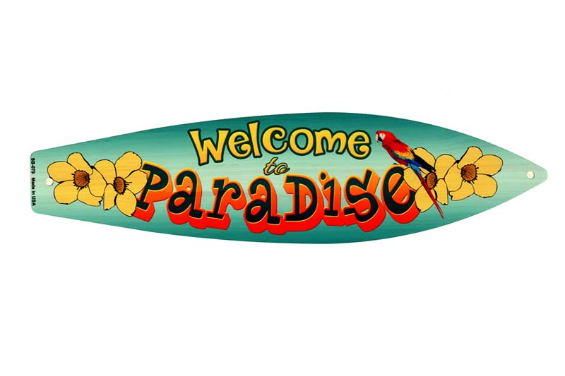 WELCOME TO PARADISE オウム柄 サーフボード型 アメリカンブリキ看板 アメリカン雑貨 アメリカ ハワイ ハワイアン 雑貨 サインプレート サインボード ティンサイン メタルプレート サーフィン …