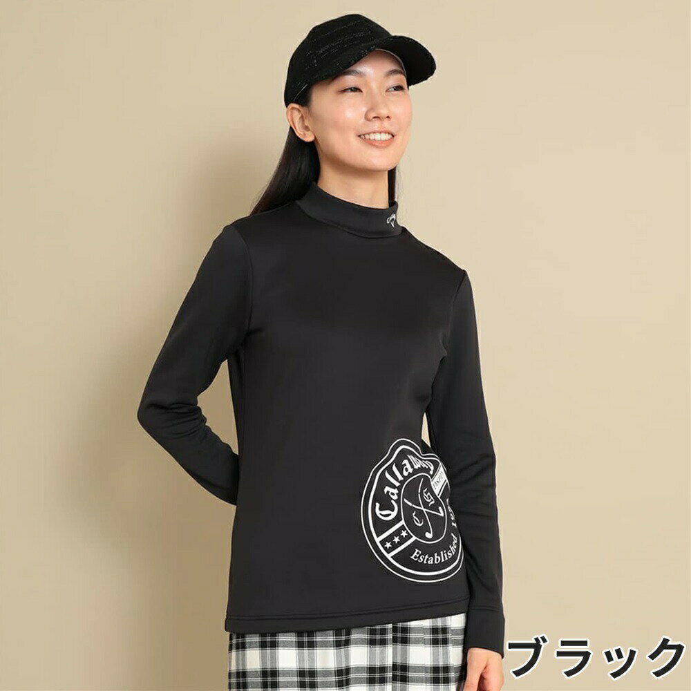 【セール】Callaway キャロウェイ レディース ゴルフウェア シャツ 裏起毛長袖モックネックシャツ C23233206 23FW 秋冬 保温性 軽量 耐摩擦性 ロゴアートワーク ブラック ホワイト