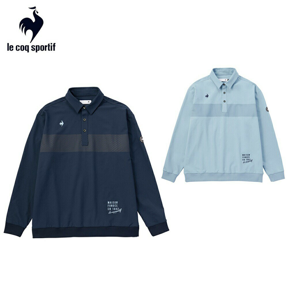 le coq sportif ルコック メンズ ゴルフウェア シャツ ボーダー長袖シャツ QGMWJL64 23FW 秋冬 ストレッチ 吸汗 UV CUT UPF50 合成皮革