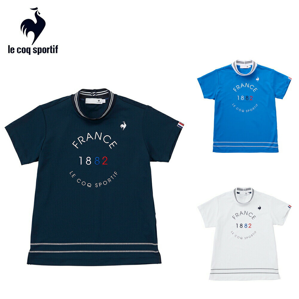 le coq sportif ルコックスポルティフ レディース ゴルフウェア シャツ ストレッチフォーサー モックネックロゴ半袖シャツ QGWXJA09 24SS 春夏 吸汗速乾 ストレッチ UVCUT UPF50 SUNSCREEN DESCENTE ECO ポリエステル ブルー ネイビー ホワイト