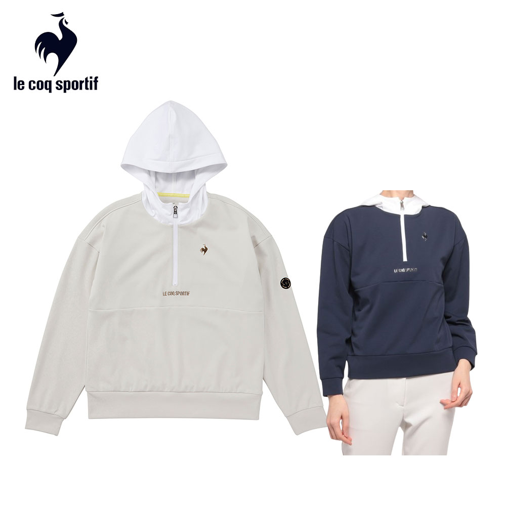 【P3倍】【セール】le coq sportif ルコックスポルティフ レディース ゴルフウェア カットソー RIJOUME バックラインパーカー STRETCH FORCER QGWXJL61 24SS 春夏 吸汗 ストレッチ UV CUT UPF50 DESCENTE ECO ロゴジャガードゴム ポリエステル 合成皮革 ベージュ ネイビー