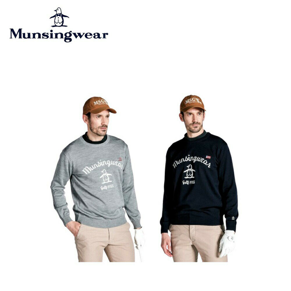 【セール】Munsingwear マンシングウェア メンズ ゴルフウェア ニット インターシャロゴクルーネックセーター MG4FST21M 24FW 秋冬 リトルピート 手洗い 汎用性 お洒落デザイン アクリル 毛 ナイロン ポリウレタン グレー ネイビー