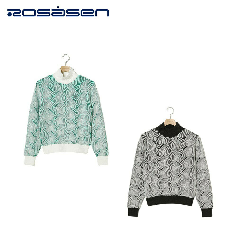 【セール】Rosasen ロサーセン レディース ゴルフウェア セーター A Line ランダムリブ長袖ハイネックニット 04819014 23FW 秋冬 総柄 ストレッチ 綿 ナイロン グリーン ブラック