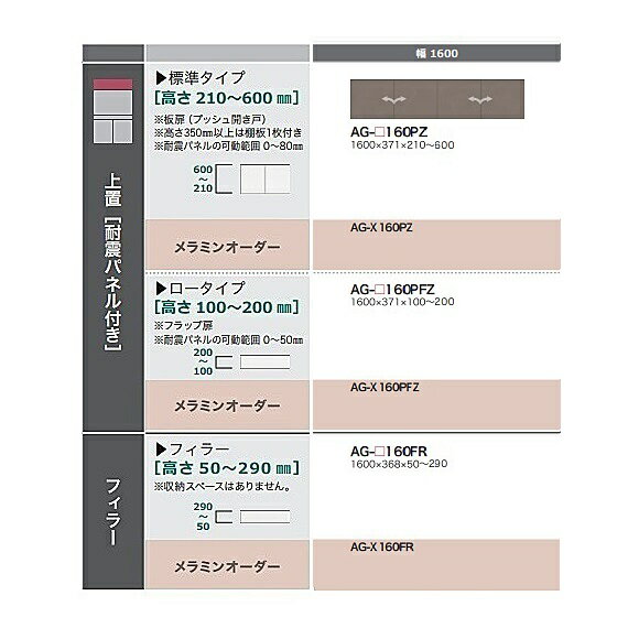 商品説明 サイズ アデル 160キッチン用上置AG-160PZ：W1600mm×D371mm×H210〜600mm材質 MDF、プリント紙化粧繊維板耐震ラッチ付・耐震パネル付き 色 本体：トープグレイ定番色前板：G（トープグレイ）オーダー色前板：3色対応メラミンカラーオーダー60色対応 商品説明 ■板扉（プッシュ開き戸）高さ350mm以上は棚板1枚付き■上品な印象の前板とエッジの効いた取手がアクセントとなり、優雅でスタイリッシュなキャビネットです。 ■背板や下キャビネットの木目とも調和して柔らかな印象も与えてくれます。■高い安全性のF☆☆☆☆ 生産国 日本　