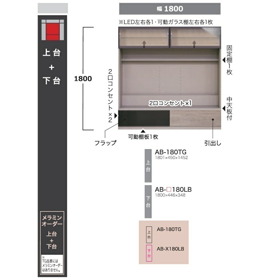 綾野製作所 180TVボードBALLETTA(バレッタ)AB-180TG+LB高さ：1800mm前板基本色：シャビ−アッシュ色(A)別注色：2色対応メラミンオーダー60色対応納期5〜6週間開梱設置送料無料(沖縄・北海道・離島は除く)