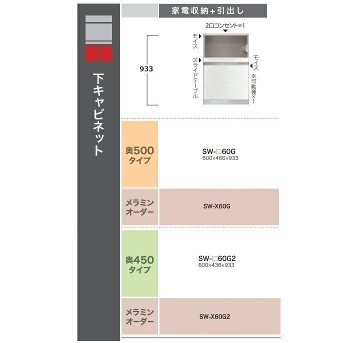 楽天F-ROOM綾野製作所60下キャビネット（家電収納+引出し）STEIN（スタイン）SW-60G奥行500mmタイプ定番色：パールホワイト色（P）オーダー色：10色対応メラミンオーダー60色対応納期5〜6週間開梱設置送料無料（沖縄・北海道・離島は除く）