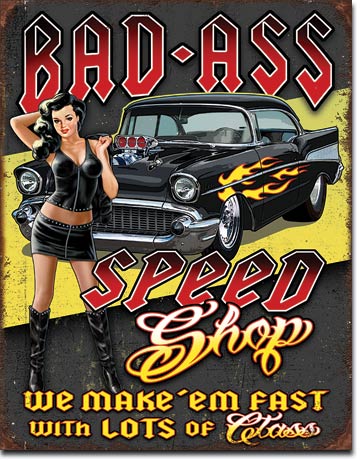2277Bad Ass Speed Shopホットロッド　ガール　フレアーアメリカン雑貨　ブリキ看板Tin Sign　ティンサイン3枚以上で送料無料！