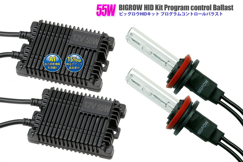 BIGROW HID Xenon交換キット 55W プログラムコントロール機能搭載 H1 H3 H3C HB3(9005)HB4(9006)H7 H8 H11 H11L H16 (AI診断回路 薄型コンパクトACバラスト)