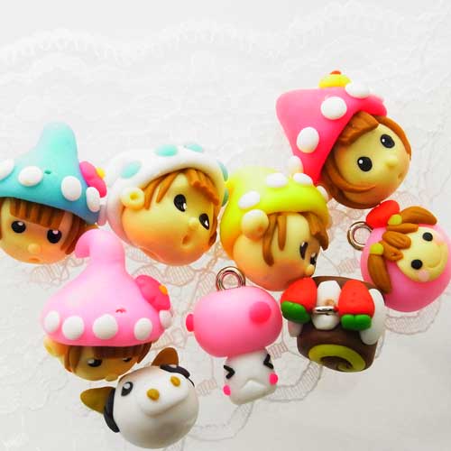 樹脂粘土製 FIMOチャーム 可愛い女の子など9種類【4135】　〜手芸 アクセサリー パーツ ハンドメイド 手作り 大量 クラフト コサージュ 金具 安全 おすすめ 激安 プラバン 造花 つまみ細工 和風 バッジ 台座 土台 作品 根付 縁起 キーホルダー〜