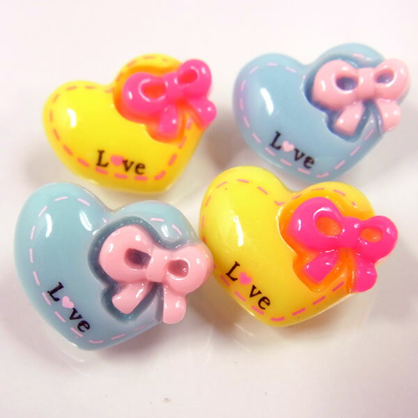 ハートにリボン 青＆黄【4253】20個入り〜デコパーツ アクセサリー パーツ 激安 手芸 ハンドメイド リボン グッズ制作 小物 雑貨 副資材