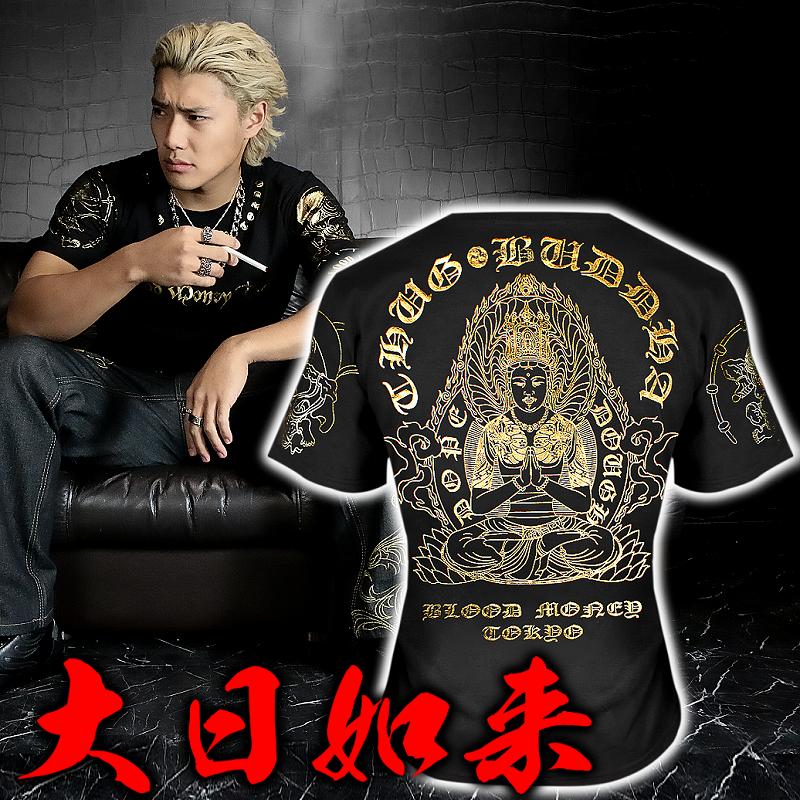 大日如来柄 半袖Tシャツ 黒×金 和柄 服 オラオラ系 悪羅悪羅系 ヤクザ ヤンキー チョイ悪 チョイワル 派手 メンズ ファッション