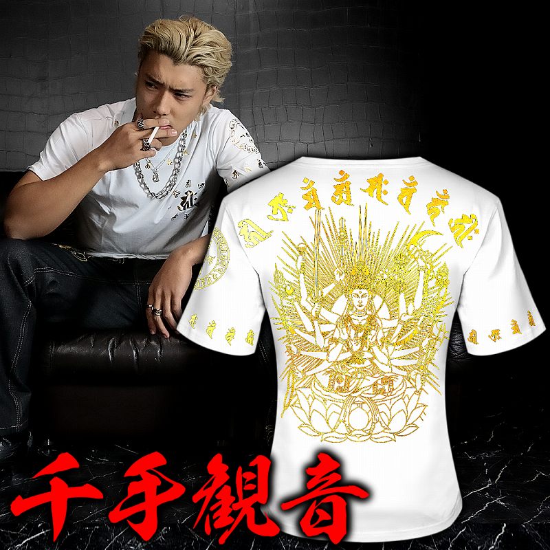 千手観音柄 半袖Tシャツ 白×金 和柄 服 オラオラ系 悪羅悪羅系 ヤクザ ヤンキー チョイ悪 チョイワル 派手 メンズ ファッション