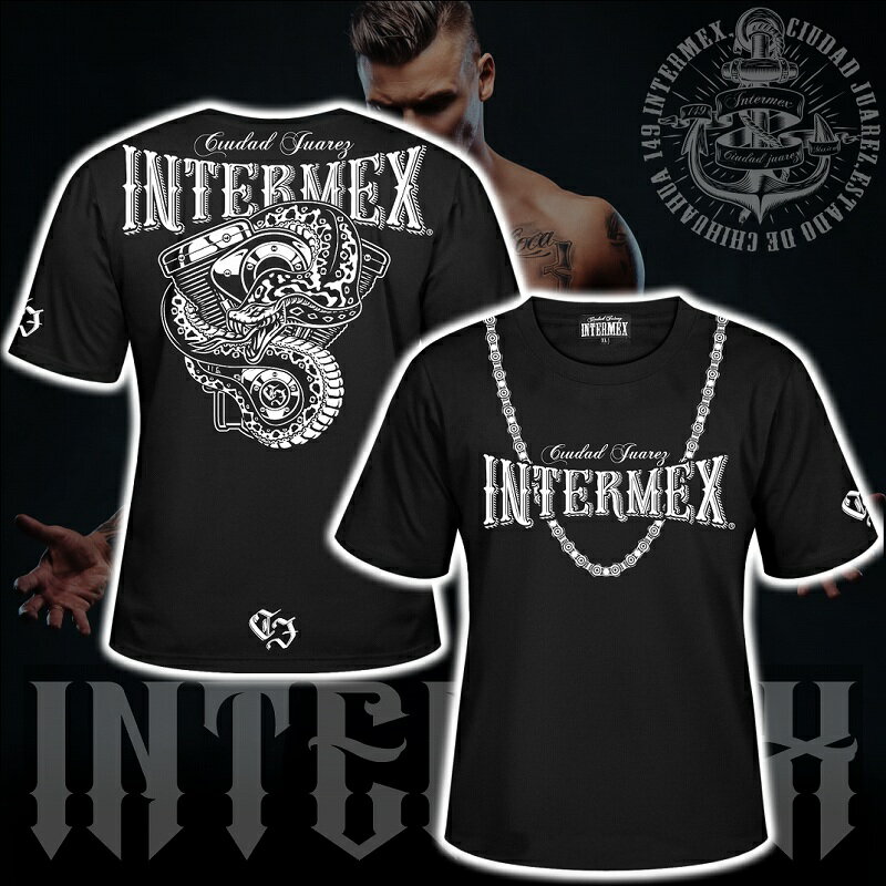 半袖 Tシャツ 服 INTERMEX (インターメックス) エンジンコブラ 蛇 パイソンitm-076 黒 白 ギャング バイカー ライダース バイク乗り B系 HIPHOP系 チカーノ メンズ ファッション ヤクザ ヤンキー オラオラ系 派手 2