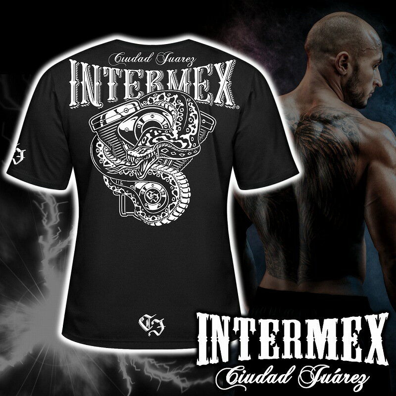 半袖 Tシャツ 服 INTERMEX (インターメックス) エンジンコブラ 蛇 パイソンitm-076 黒 白 ギャング バイカー ライダース バイク乗り B系 HIPHOP系 チカーノ メンズ ファッション ヤクザ ヤンキー オラオラ系 派手 3