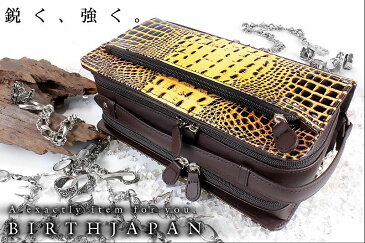 セカンドバッグ オラオラ系 ヤクザ ヤンキー メンズ ファッション 鞄 61茶 本革クロコ型押し 小物牛革 蛇パイソンヘビ ダブルファスナー ちょいワル 悪羅悪羅系