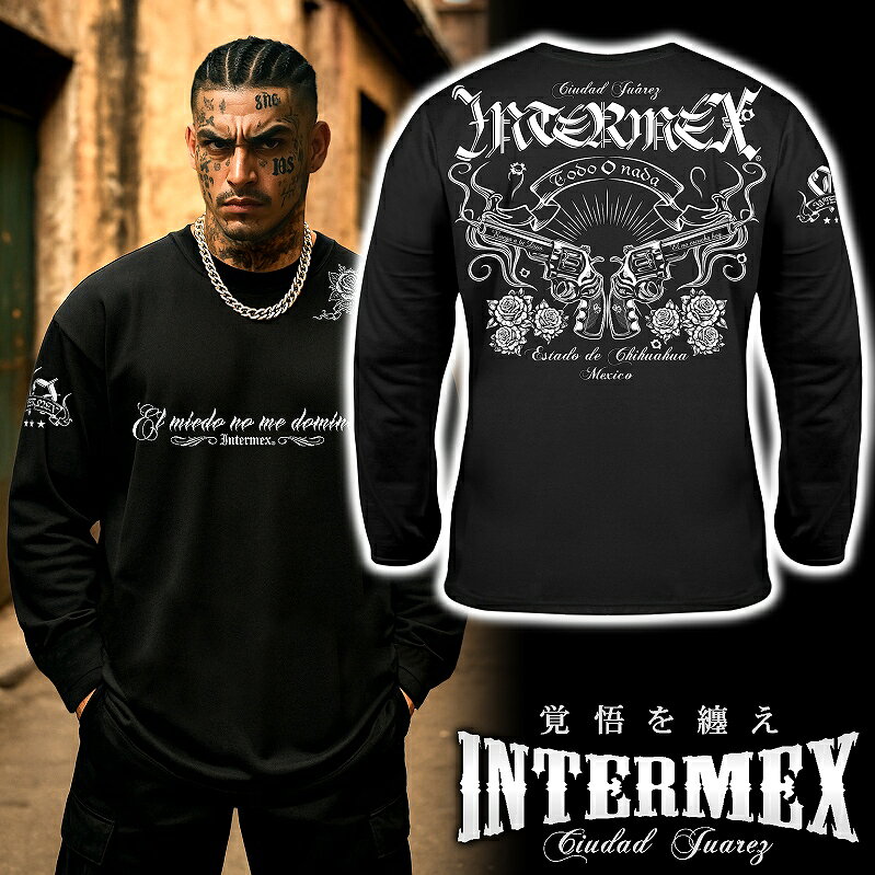 長袖 Tシャツ ロンT 服 銃と薔薇柄 INTERMEX インターメックス itm-102 黒 白 ギャング バイカー ライダース バイク乗り B系 HIPHOP系 チカーノ メンズ ファッション ヤクザ ヤンキー オラオラ系 派手