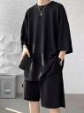 立体格子柄 半袖シャツセットアップ ハーフパンツ 上下 黒 シンプル 047 大きいサイズ ヤクザ ヤンキー オラオラ系 悪羅悪羅 服 メンズ ファッション