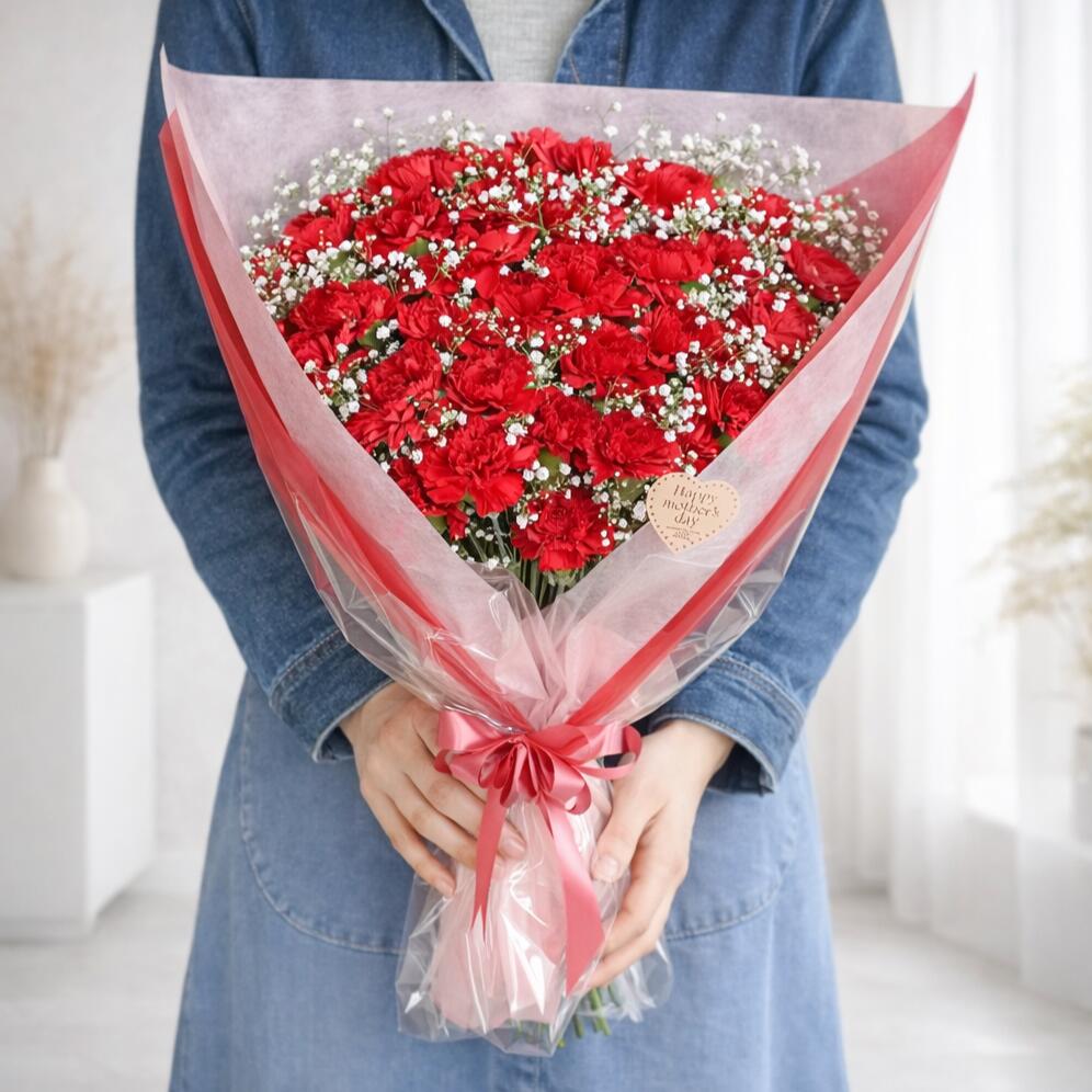 カーネーション 30本 花束 母の日 ギフト プレゼント 赤 カスミソウ かすみ草 ロング【クール便発送/送料無料】