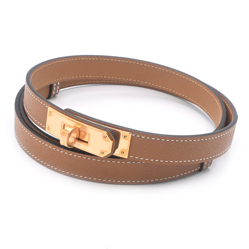 [返品OK] エルメス ケリーベルト18 U刻印 2022年製 ヴォーエプソン ゴールド ピンクゴールド金具 ターンロック レディースベルト 茶色 【中古】【送料無料】