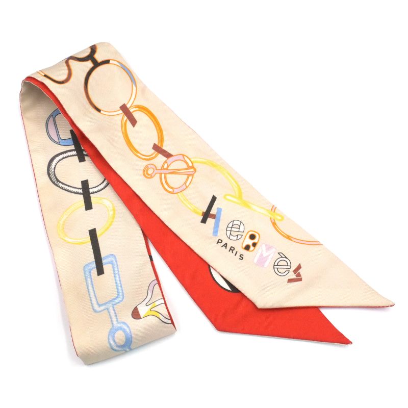 Rakuten - [返品OK] エルメス ツイリー ドレブックル Do Re Boucles シルク スカーフ クレーム レッド ブルーシエル マルチカラー 総柄 鎖柄 【中古】【送料無料】