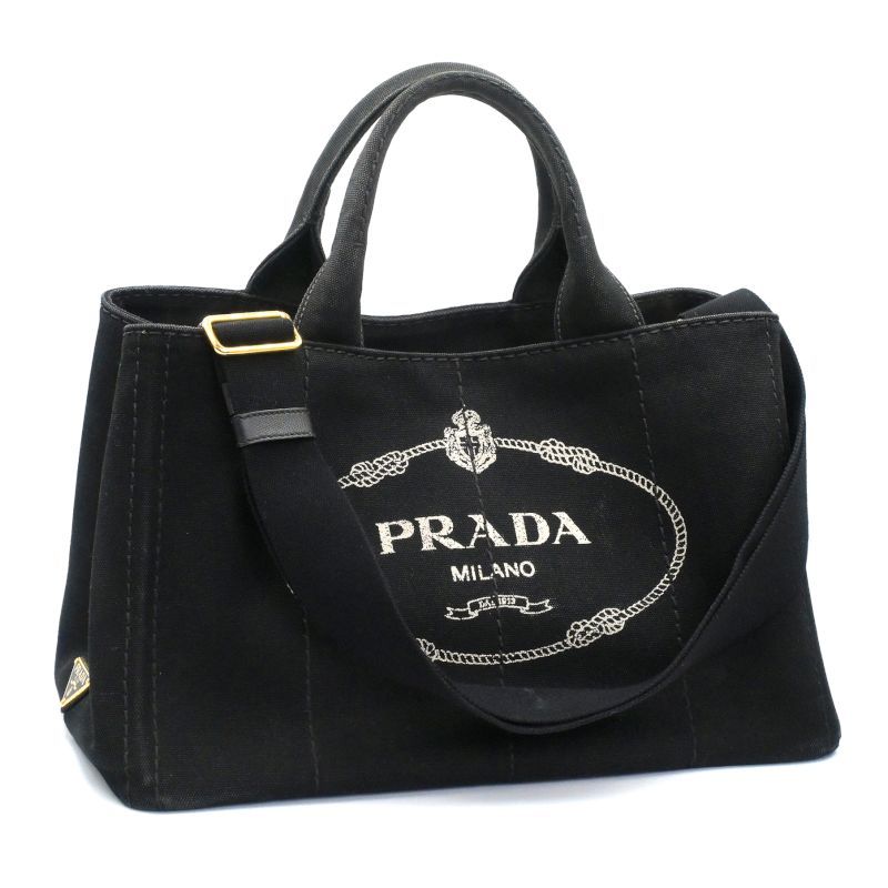 PRADA - [返品OK] プラダ カナパ ハンドバッグ 1BG642 キャンバス ブラック トートバッグ ショルダーバッグ トライアングルロゴ 2WAY 手持ち鞄 【中古】【送料無料】