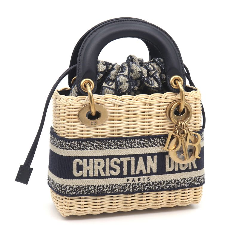 樂天商城 - [返品OK] ディオール レディディオールバッグミニ M0505CMVO_M808 ラタン＆ディオールオブリークジャカード ハンドバッグ ネイビー 【中古】【送料無料】