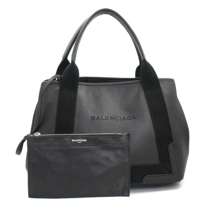 BALENCIAGA - [返品OK] バレンシアガ ネイビーカバスS 339933 レザー ブラック トートバッグ ハンドバッグ スモールサイズ ポーチ付き 黒 【中古】【送料無料】
