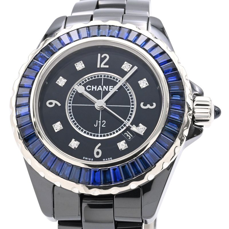 [3年保証/返品OK] シャネル レディース J12 H2308 K18WG ブラックセラミック ブルーサファイア ダイヤモンド 黒 クオーツ 腕時計 【中古】【送料無料】