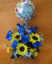 【バルーンフラワー】バルーン&ブルーローズとヒマワリのアレンジメント M【青いバラ】【記念日の花】お誕生日、御祝い