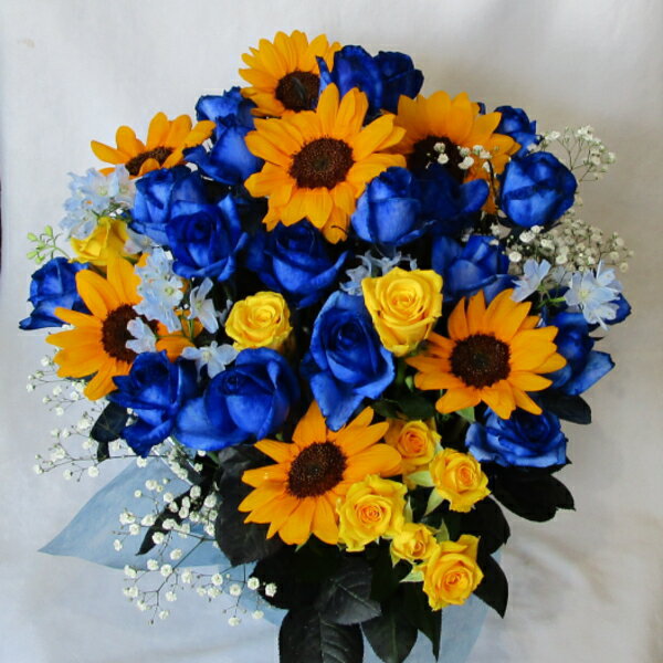 青いバラとヒマワリのアレンジメント L【ブルーローズ】【結婚祝い 花】【誕生日 花】ブルーローズのアレンジメント