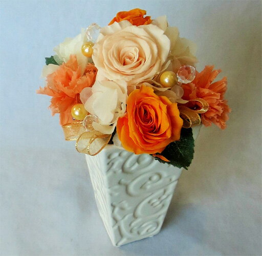 プリザーブドフラワー/ホワイトポット☆シャーベットオレンジ