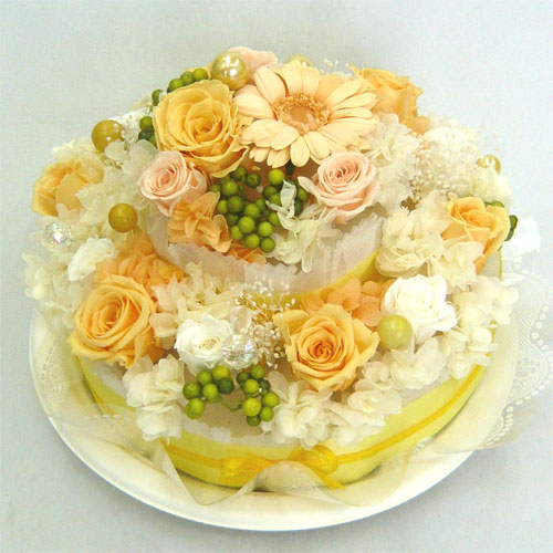プリザーブドフラワー(フラワーケーキ) プリザーブドフラワー/オレンジ＆ハニー　おまかせ2段フラワーケーキ　御祝い　誕生日　記念日など