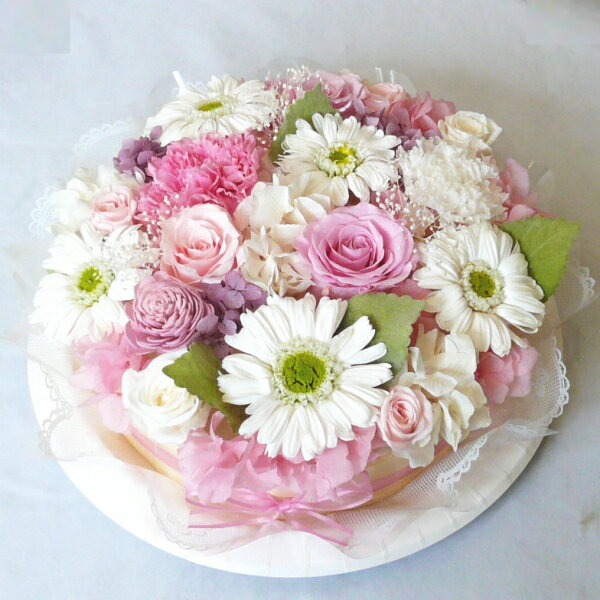 プリザーブドフラワー(フラワーケーキ) プリザーブドフラワー/ピンク＆ホワイト　おまかせフラワーケーキLL　お祝い　誕生日　記念日など