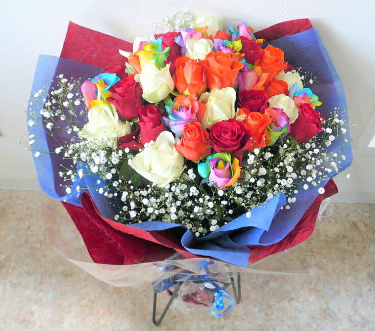バラの花束/レインボーローズとカラフルバラ【7色のバラ】【結婚祝い 花】【誕生日 花】