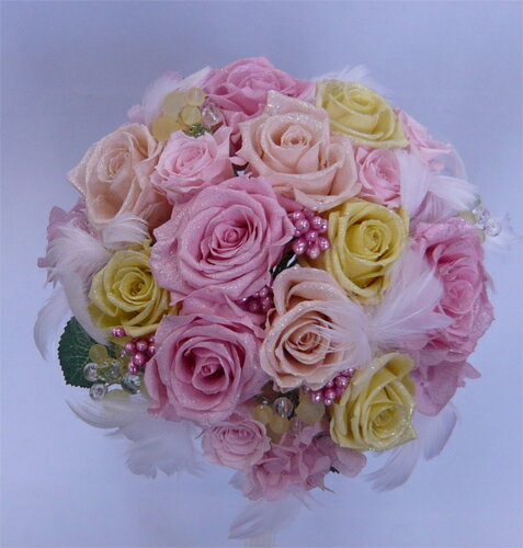 【ウエディングブーケ】【ブライダルブーケ】プリザーブドフラワー ピンク＆イエローラウンドブーケ【smtb-tk】