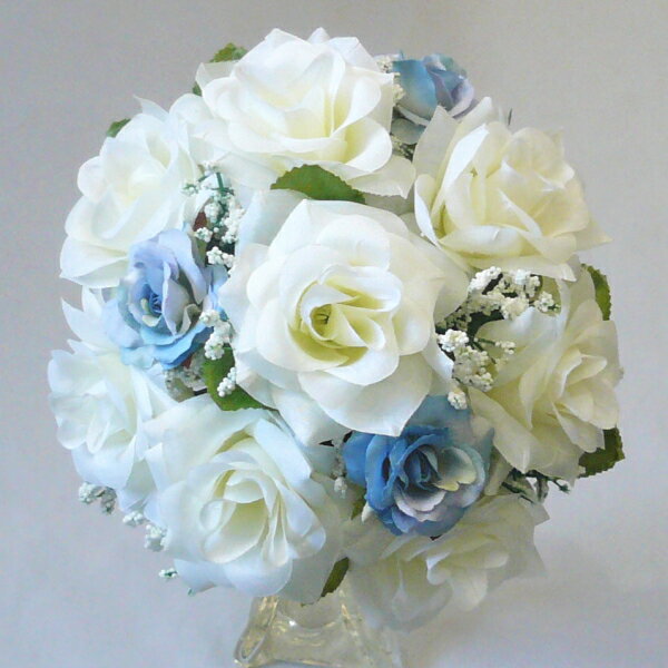 ウエディングブーケ/ブライダルブーケ ミニブーケ/トスブーケ ホワイトローズ&水色 ブーケ 【bouqet】
