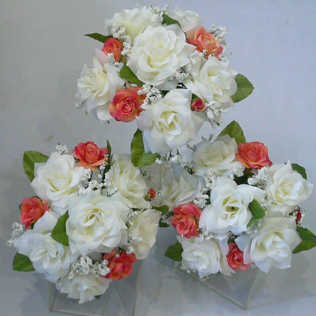 ウエディングブーケ/ブライダルブーケ/トスブーケ ホワイト&オレンジローズ 3個セット