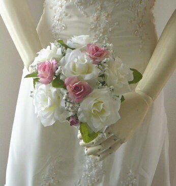 ウエディングブーケ/ブライダルブーケ/トスブーケ ホワイト&ピンクローズ 3個セット