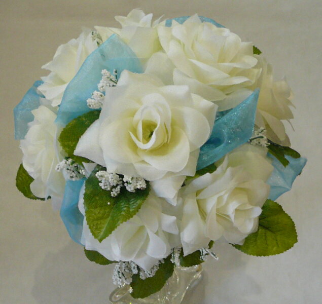 トス用ブーケ〔アートフラワー（造花）〕 ドットチュール (ライトブルー) ＆ホワイトローズ ウエディングブーケ