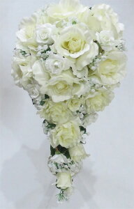 ウエディングブーケ/ブライダルブーケ/白バラ&かすみ草 キャスケードブーケ 【bouqet】 【20P30May15】