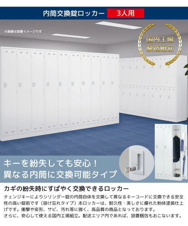 【法人限定 設置無料】 ロッカー 3人用 内筒交換錠 施設 更衣室 国産 日本製 セイコー 生興 スチール オフィス家具 オフィス 店舗 事業所 施設 業務用 ホワイト SLDW-3-T 76425 [2]