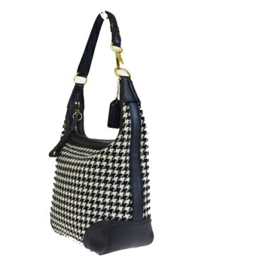 【中古】 中美品 コーチ COACH ショルダーバッグ 千鳥格子 ブラック ホワイト ウール レザー 6954 06HD363