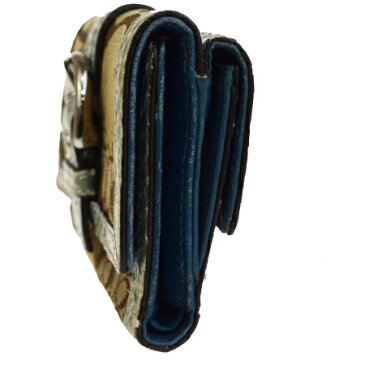 【中古】 コーチ COACH パッチワーク シグネチャー 三つ折り 財布 ブラウン ライトブルー キャンバス パイソン レザー 06HD915
